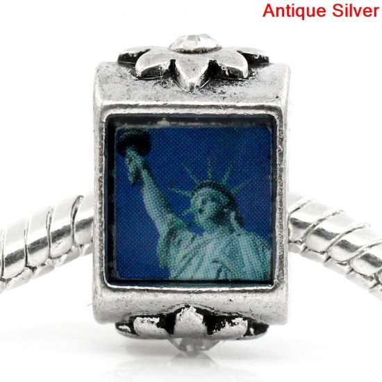 Picture of Zinc Metal Alloy European Style Large Hole Charm Beads Rectangle Antique Silver The Statue Of Liberty Pattern Flower Carved Clear Rhinestone 15.5x9.5mm, Hole: Approx: 5.3mm, 10 PCs