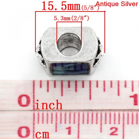 Picture of Zinc Metal Alloy European Style Large Hole Charm Beads Rectangle Antique Silver The Statue Of Liberty Pattern Flower Carved Clear Rhinestone 15.5x9.5mm, Hole: Approx: 5.3mm, 10 PCs