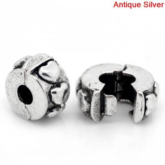 Picture of European Charm Stopper Clip&Lock Bail Beads Antique Silver Heart Carved 11x10mm,Hole:Approx 3mm,10PCs