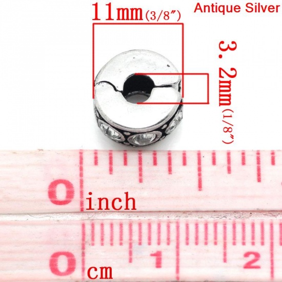 Picture of European Charm Stopper Clip&Lock Bail Beads Antique Silver Clear Rhinestone 11x10mm,Hole:Approx 3.2mm,5PCs