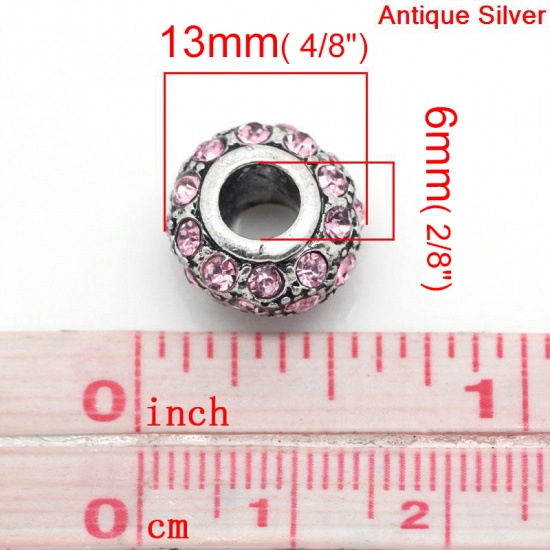 Picture of Zinc Based Alloy European Style Large Hole Charm Beads Round Antique Silver Pink Rhinestone About 13mm x 8mm, Hole: Approx 6mm, 5 PCs