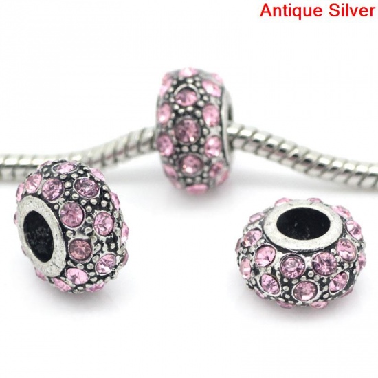 Picture of Zinc Based Alloy European Style Large Hole Charm Beads Round Antique Silver Pink Rhinestone About 13mm x 8mm, Hole: Approx 6mm, 5 PCs