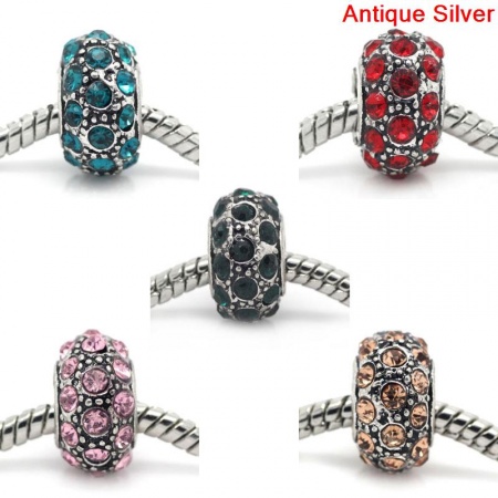 Zinc Metal Alloy European Style Large Hole Charm Beads Round Antique Silver Mixed Rhinestone About 13mm x 1.8mm, Hole: Approx 5mm, 5 PCs