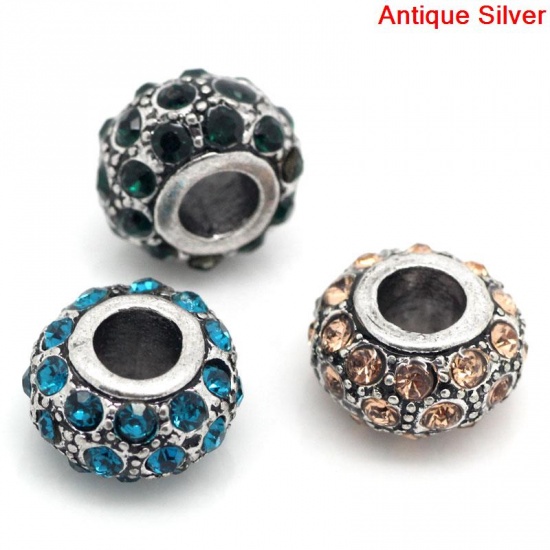 Picture of Zinc Metal Alloy European Style Large Hole Charm Beads Round Antique Silver Mixed Rhinestone About 13mm x 1.8mm, Hole: Approx 5mm, 5 PCs