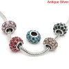 Picture of Zinc Metal Alloy European Style Large Hole Charm Beads Round Antique Silver Mixed Rhinestone About 13mm x 1.8mm, Hole: Approx 5mm, 5 PCs