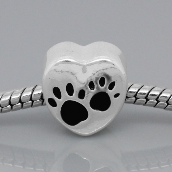 Picture of Zinc Metal Alloy European Style Large Hole Charm Beads Heart Silver Plated Bear Paw Carved Black Enamel About 12mm x 11mm, Hole: Approx 4.8mm, 10 PCs