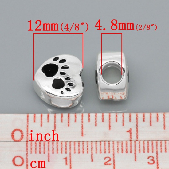 Picture of Zinc Metal Alloy European Style Large Hole Charm Beads Heart Silver Plated Bear Paw Carved Black Enamel About 12mm x 11mm, Hole: Approx 4.8mm, 10 PCs