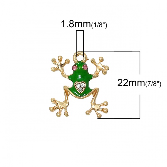 Picture of Zinc Metal Alloy Charm Pendants Frog Animal Gold Plated Green Enamel Clear & Pink Rhinestone 22mm x 19mm( 7/8"x 6/8"), 10 PCs