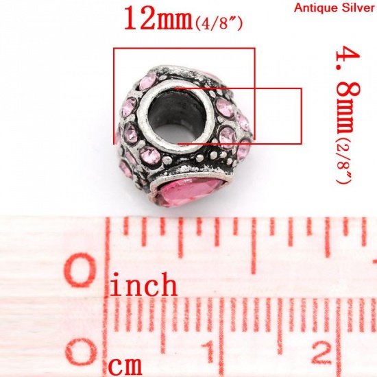 Picture of Zinc Metal Alloy European Style Large Hole Charm Beads Love Heart Antique Silver Pink Rhinestone About 12mm x 10mm, Hole: Approx 4.8mm, 10 PCs