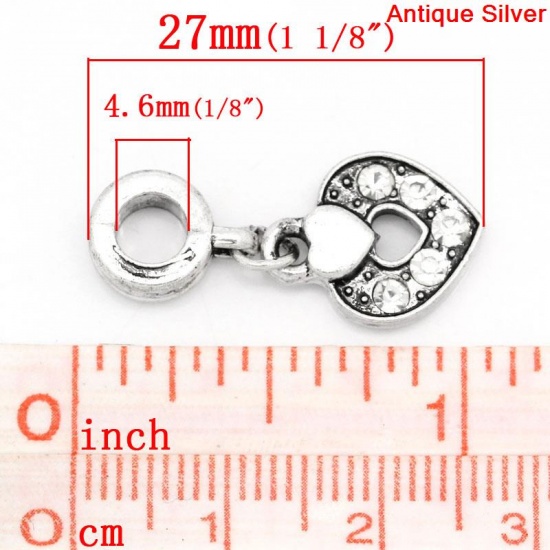 Immagine di Lega + Strass Stile Europeo Charm Dangle PerlineCuore Argento Antico Nulla Disegno Trasparente Strass 27.0mm x 12.0mm, 10 Pz