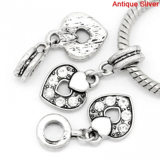 Immagine di Lega + Strass Stile Europeo Charm Dangle PerlineCuore Argento Antico Nulla Disegno Trasparente Strass 27.0mm x 12.0mm, 10 Pz