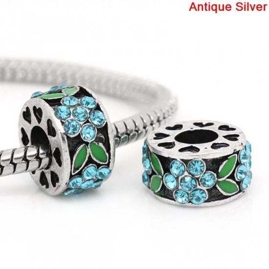 Picture of Zinc Metal Alloy European Style Large Hole Charm Beads Cylinder Antique Silver Green Enamel Flower Heart Carved Blue Rhinestone 11mm x 7mm, Hole: Approx: 5mm, 5 PCs