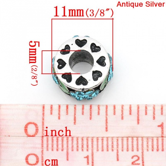 Picture of Zinc Metal Alloy European Style Large Hole Charm Beads Cylinder Antique Silver Green Enamel Flower Heart Carved Blue Rhinestone 11mm x 7mm, Hole: Approx: 5mm, 5 PCs
