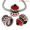 Picture of Zinc Metal Alloy European Style Large Hole Charm Beads Cake Antique Silver Red & Black Enamel Red Rhinestone About 14mm x 12mm, Hole: Approx 4.7mm, 5 PCs