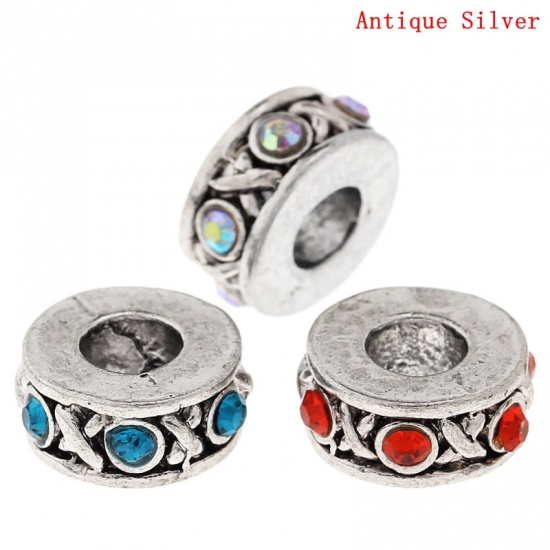 Picture of Zinc Metal Alloy European Style Large Hole Charm Beads Round Antique Silver Mixed Rhinestone About 11mm Dia, Hole: Approx 4.8mm, 10 PCs