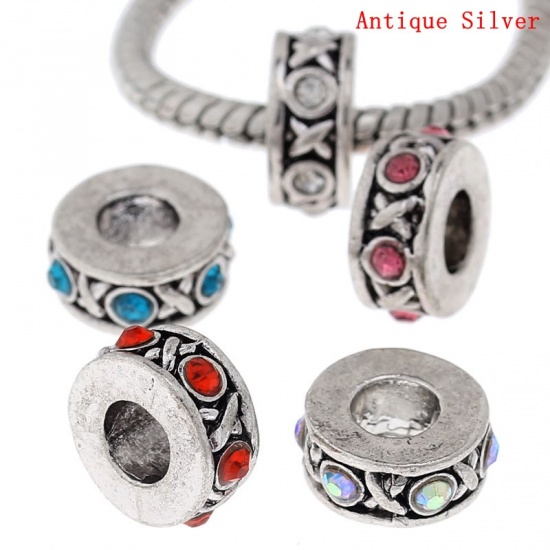 Picture of Zinc Metal Alloy European Style Large Hole Charm Beads Round Antique Silver Mixed Rhinestone About 11mm Dia, Hole: Approx 4.8mm, 10 PCs