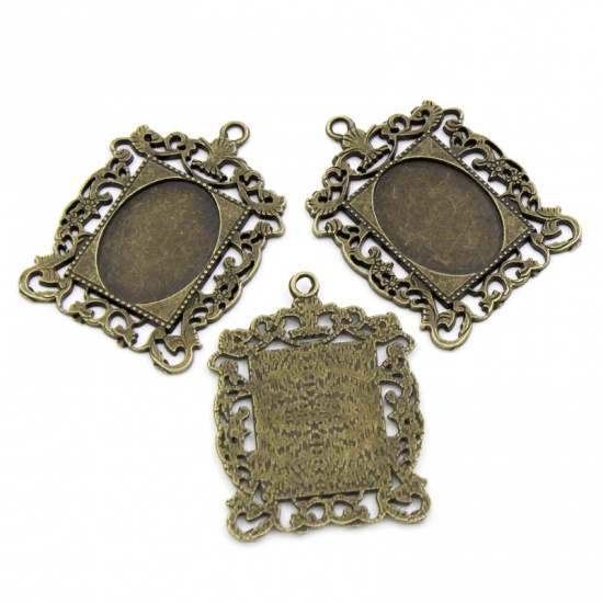 Picture of Zinc Based Alloy Cabochon Setting Pendants Rectangle Antique Bronze Hollow (Fits 25mm x 18mm) 4.6cm x 3.5cm, 10 PCs