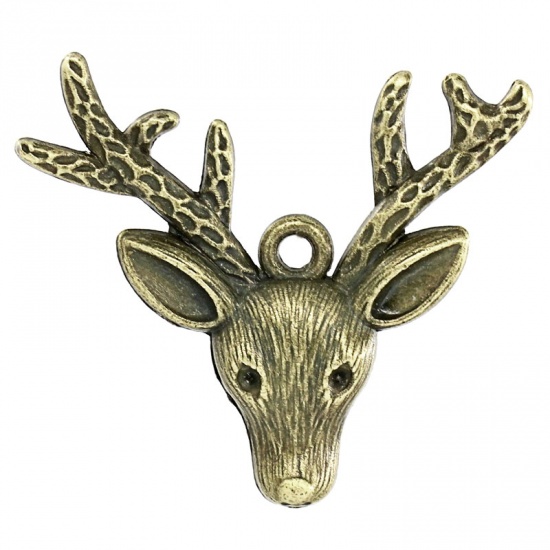 Picture of Zinc Metal Alloy Christmas Pendants Deer Head Animal Antique Bronze 3.7cm x 3.1cm(1 4/8"x1 2/8"), 30 PCs