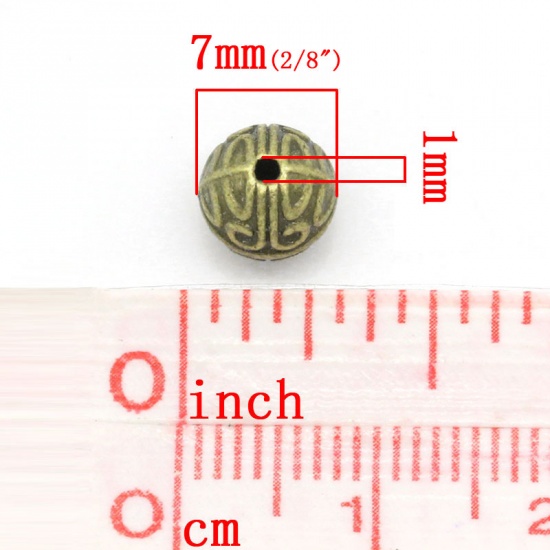 Picture of Spacer Beads Round Antique Bronze Pattern Carved 7mm Dia,Hole:Approx 1mm,50PCs