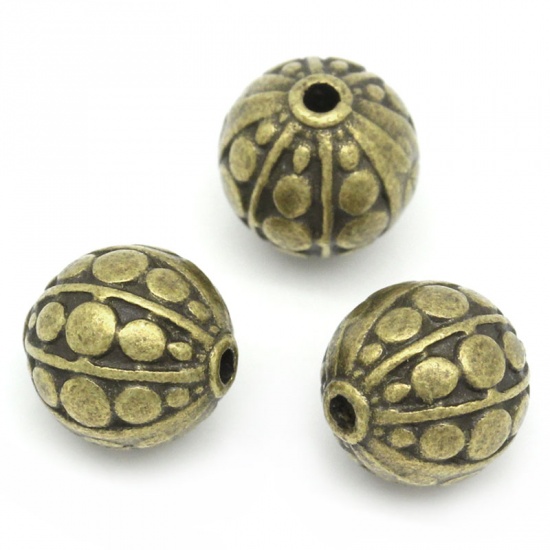 Picture of Spacer Beads Round Ball Antique Bronze Stripe & Dot Carved 10x9mm,Hole:Approx 1.5mm.30PCs