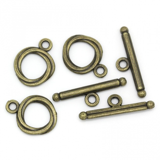 Picture of Zinc Based Alloy Toggle Clasps Round Antique Bronze 17mm x 13mm 24mm x 7mm, 50 Sets