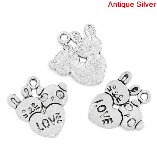 Picture of Zinc Based Alloy Easter Charms Heart Rabbit & Panda Animal Antique Silver Message "Love" Carved 20mm x 18mm(6/8"x 6/8"), 50 PCs