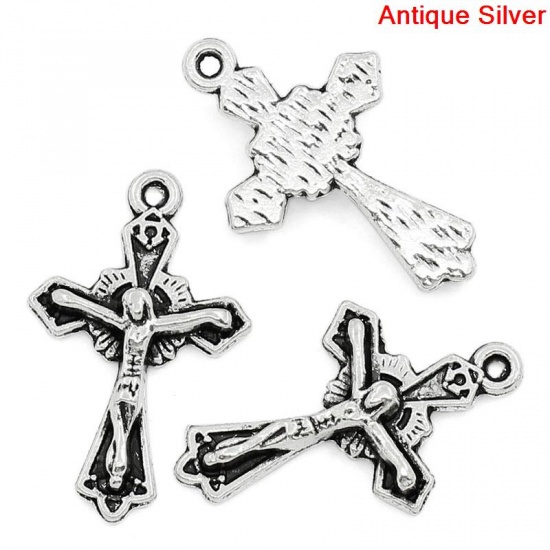 Picture of Charm Pendants Cross Antique Silver Jesus Carved 23x15mm,50PCs