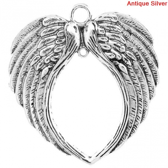 Image de Connecteurs de Bijoux en Alliage de Zinc Forme Cœur Argent Vieilli Aile d'Ange 6.9cm x6.6cm(2 6/8" x2 5/8"), 30 Pcs