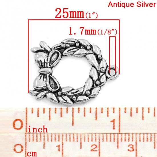 Picture of Zinc Metal Alloy Charm Pendants Christmas Bowknot Wreath /Garland Antique Silver 25mm x 19mm(1"x 6/8"), 30 PCs