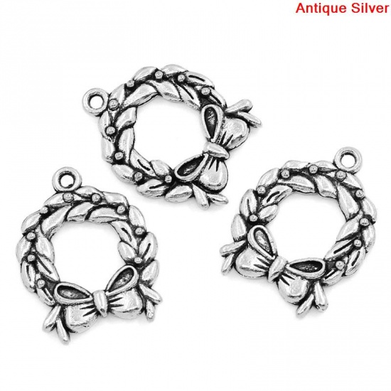 Picture of Zinc Metal Alloy Charm Pendants Christmas Bowknot Wreath /Garland Antique Silver 25mm x 19mm(1"x 6/8"), 30 PCs