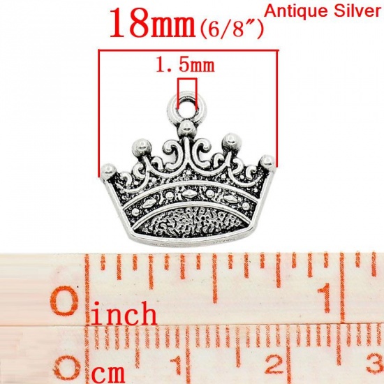 Immagine di Lega di Zinco Charm Ciondoli Corona Argento Antico Polka Dot Disegno 18.0mm x 16.0mm, 50 Pz