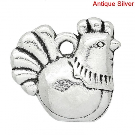 Zinc Based Alloy Easter Charms Chicken/ Rooster Animal Antique Silver Stripe Carved 13mm(4/8") x 12mm(4/8"), 500 PCs