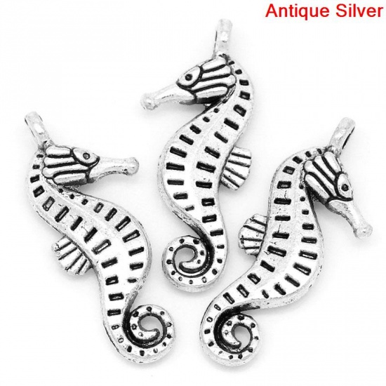 Picture of Ocean Jewelry Zinc Based Alloy Charms Sea Horse Animal Antique Silver 22mm x 9mm(7/8"x 3/8"), 50 PCs