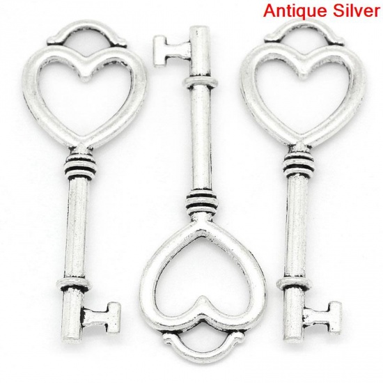 Picture of Charm Pendants Heart Key Antique Silver 5.5x2cm,10PCs