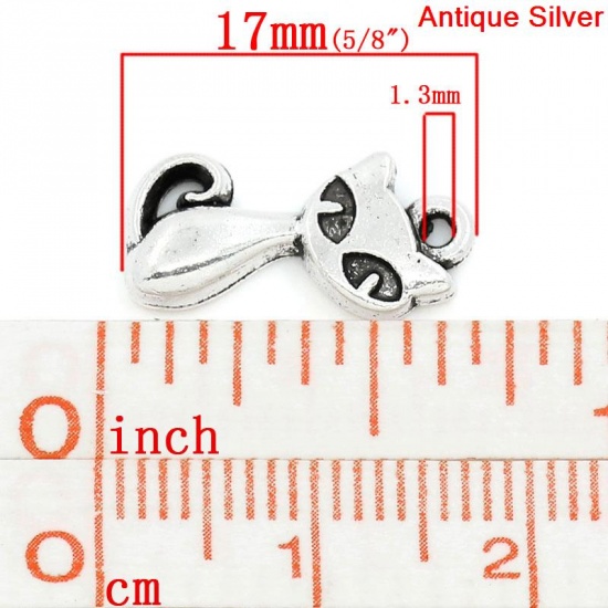 Picture of Zinc Metal Alloy Charm Pendants Cat Animal Antique Silver 17mm(5/8") x 8mm(3/8"), 100 PCs