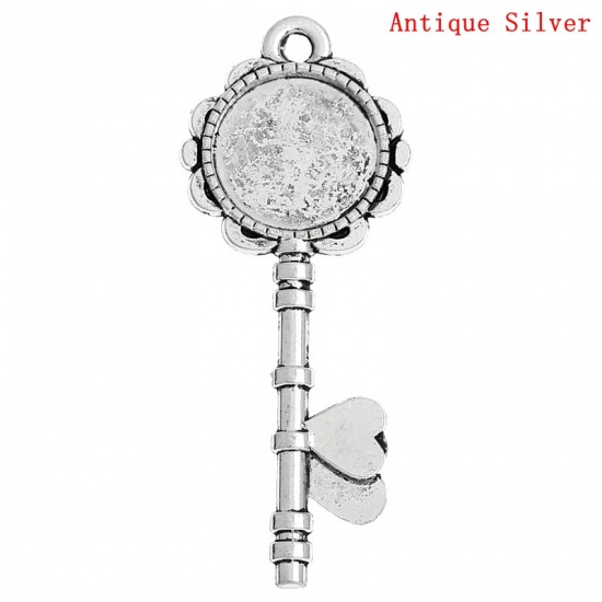 Picture of Zinc Based Alloy Cabochon Settings Pendants Key Antique Silver (Fits 20mm Dia) 73mm x 29mm, 126 PCs/1000g