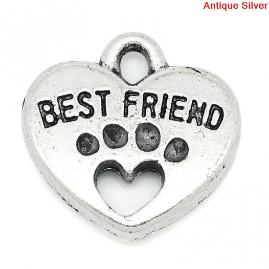 Bild von Zinklegierung Charm Anhänger Herz Antik Silber Message "BEST FRIEND", 15mm x 15mm, 30 Stücke
