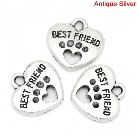 Picture of Zinc Metal Alloy Charm Pendants Heart Bear Paw Antique Silver Message " Best Friend " Carved 15mm(5/8") x 15mm(5/8"), 30 PCs