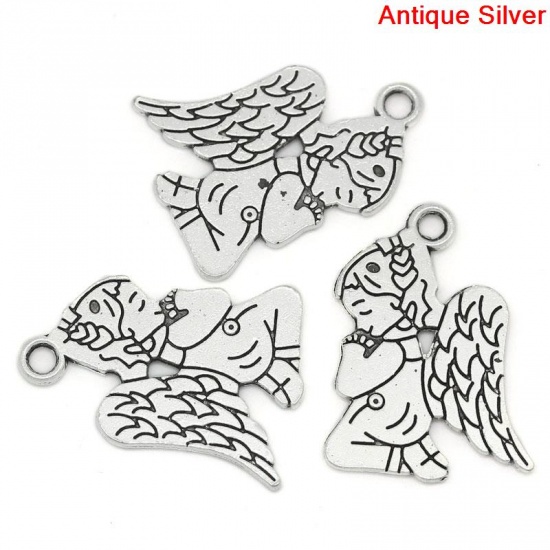 Picture of Zinc Metal Alloy Charm Pendants Praying Angel Antique Silver 23mm( 7/8") x 17mm( 5/8"), 50 PCs