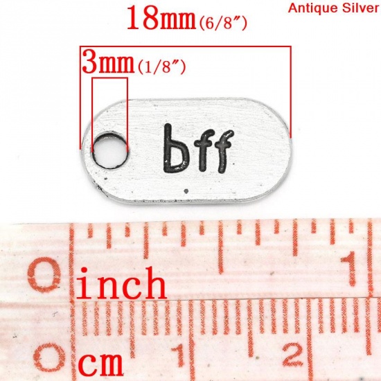 Immagine di Lega di Zinco Charm Ciondoli Ovale Argento Antico Lettere Disegno Messaggio bff Intagliato 18mm x 9mm, 100 Pz
