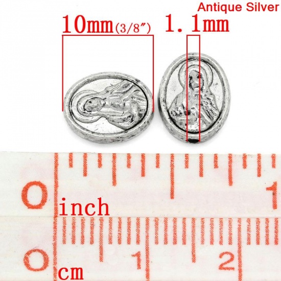 Picture of Spacer Beads Oval Antique Silver Virgin Mary & Cross Pattern Carved 10x8mm,Hole:Approx 1.1mm,100PCs