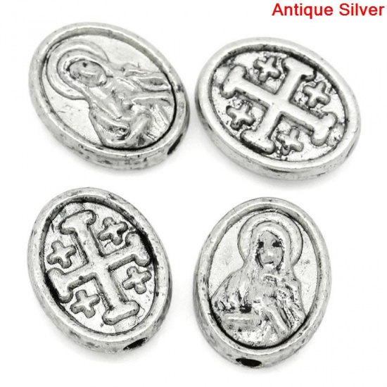 Picture of Spacer Beads Oval Antique Silver Virgin Mary & Cross Pattern Carved 10x8mm,Hole:Approx 1.1mm,100PCs