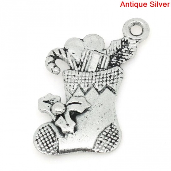 Picture of Zinc Metal Alloy Charm Pendants Christmas Candy Cane Stocking Antique Silver 20mm x 16mm( 6/8"x 5/8"), 100 PCs