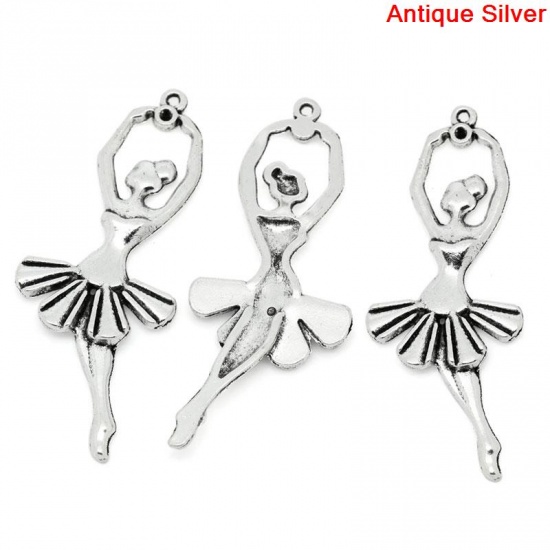 Picture of Zinc Based Alloy Pendants Ballet Dancing Girl Antique Silver (Can Hold ss7 Rhinestone) 61mm(2 3/8") x 24mm(1"), 20 PCs