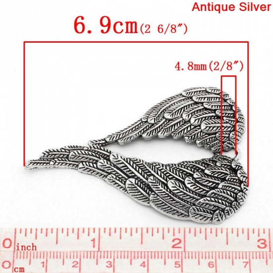 Picture of Zinc Based Alloy Pendants Heart Antique Silver Angel Wing Carved 6.9cm(2 6/8") x 4.7cm(1 7/8"), 5 PCs