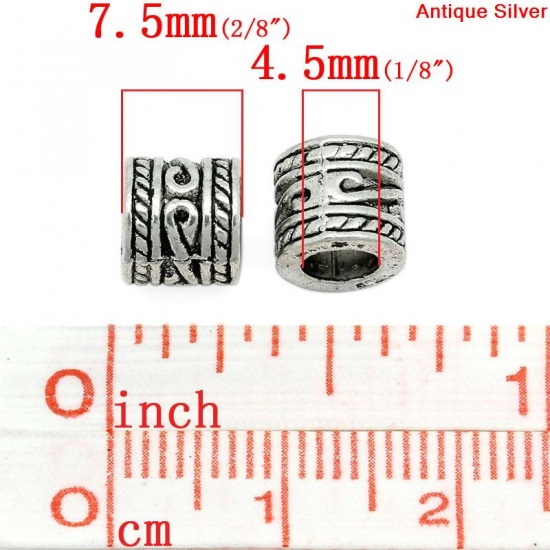 Immagine di Lega di Zinco Stile Europeo Perline Cilindrico Argento Antico Circa 7.5mm x 7.0mm, Foro: Circa 4.5mm, 50 Pz