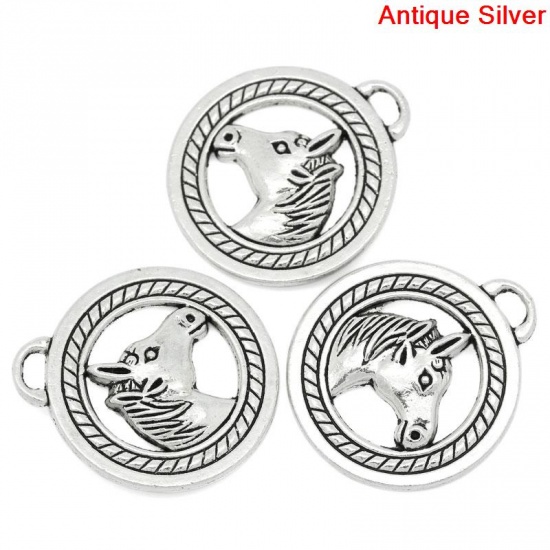 Image de Pendentifs en Alliage de Zinc Animal Rond Argent Vieilli Cheval 28mm x 25mm, 10 Pcs