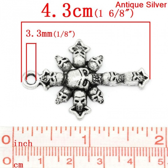 Picture of Zinc Based Alloy Easter Pendants Cross Antique Silver Halloween Skull Carved 43mm(1 6/8") x 28mm(1 1/8"), 10 PCs