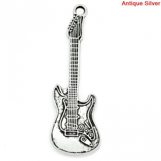 Immagine di Lega di Zinco Charm Ciondoli Chitarra Argento Antico Nulla Disegno 5.5cm x 18.0mm, 10 Pz