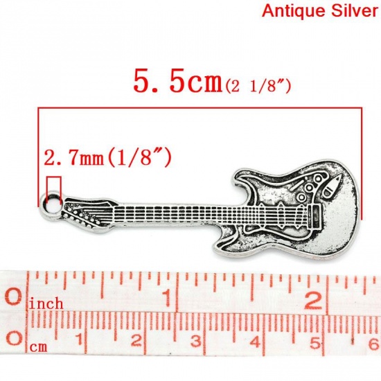 Immagine di Lega di Zinco Charm Ciondoli Chitarra Argento Antico Nulla Disegno 5.5cm x 18.0mm, 10 Pz